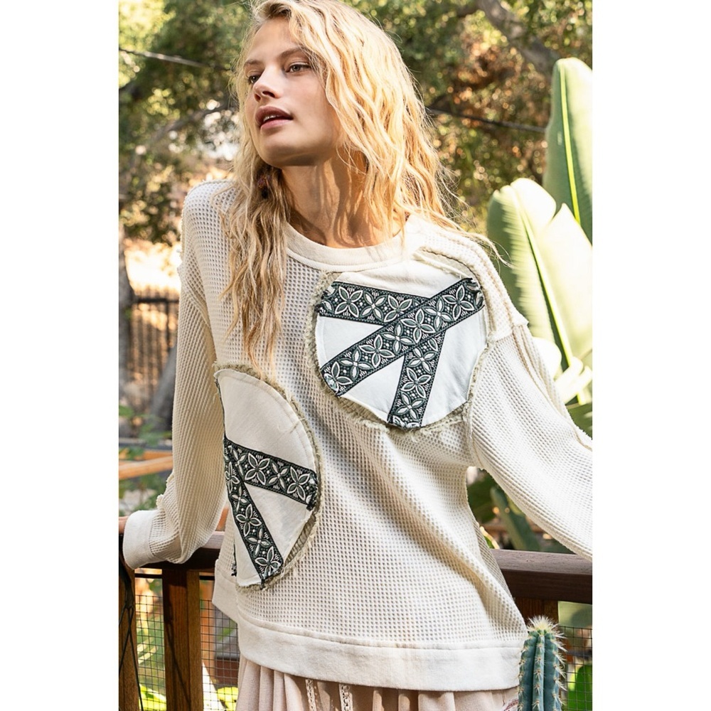 POL Cream Waffle Knit Pullover | Vintage Wash Peace Patch Long Sleeve Top - Picture 4 of 9